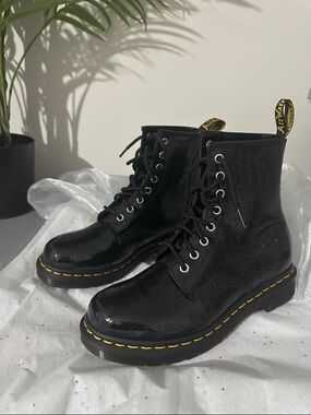 Dr. Martens Black Patent Croc Lace-Up Boots with Yellow Stitching